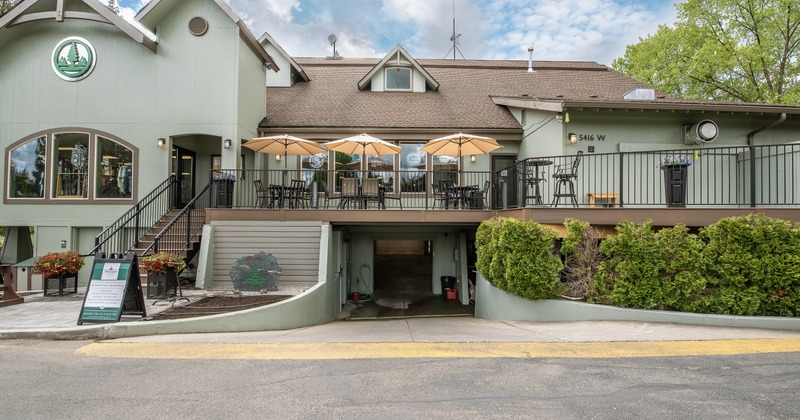 Exterior, cross street view to restaurant and terrace