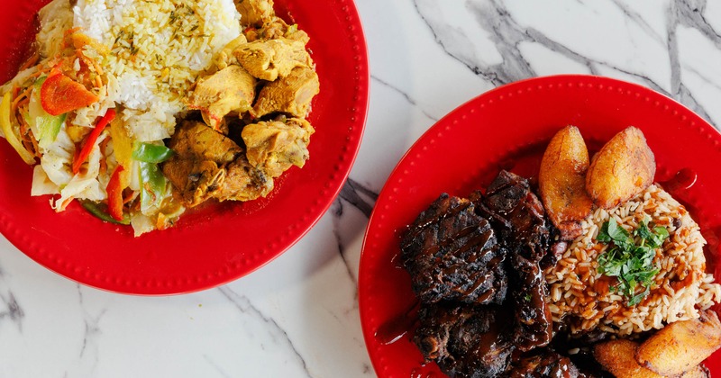 Jerk chicken with rice, beans, and plantains, Curry chicken served with rice and vegetables