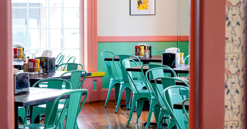 Interior space, dining area ready for guests