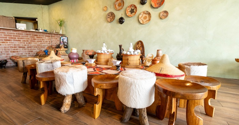 Interior, seating area with wooden chairs