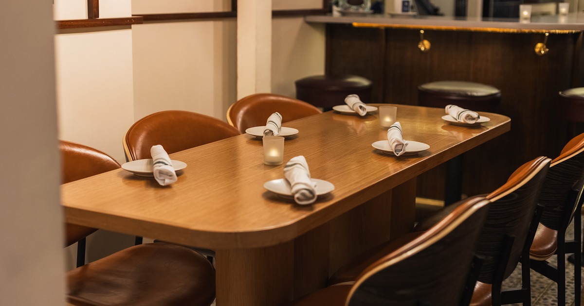 Dining table set for six guests