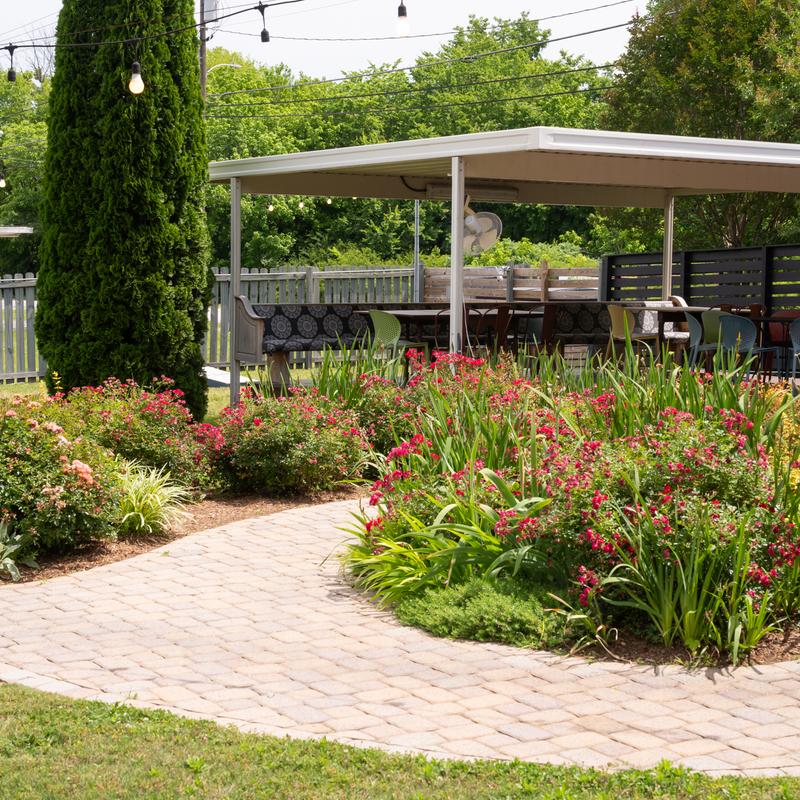 patio seating area in a garden