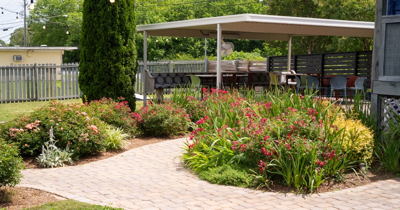 patio seating area in a garden