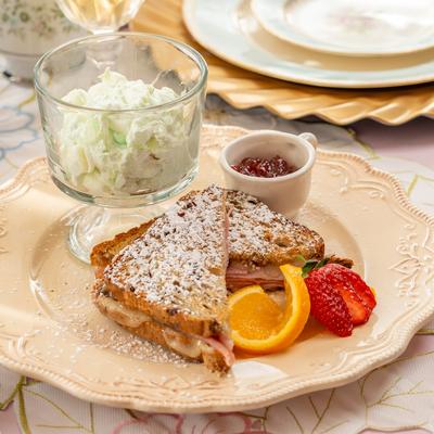 Monte Cristo sandwich served with pistachio salad.
