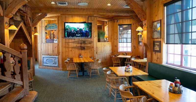 Interior, tables set for guests