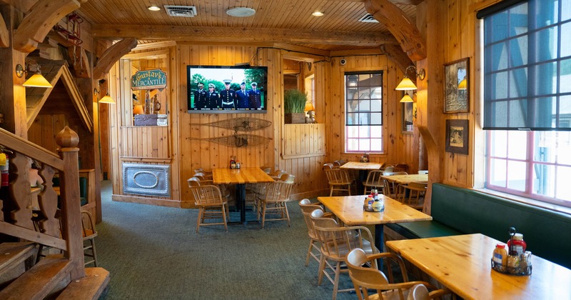 Interior, tables set for guests