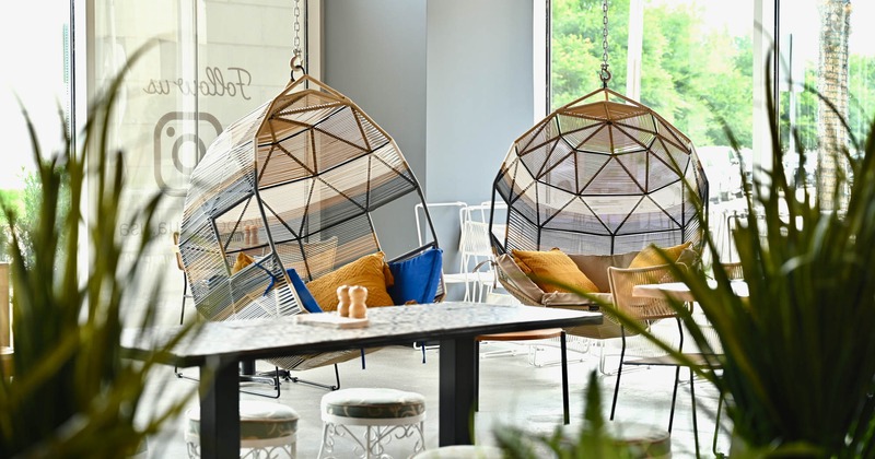 Interior, seating area, hanging chairs