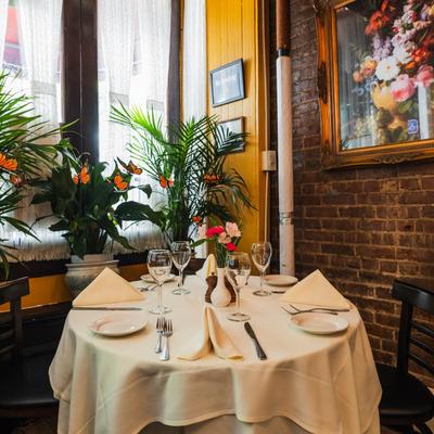 Interior, set table, indoor plants.