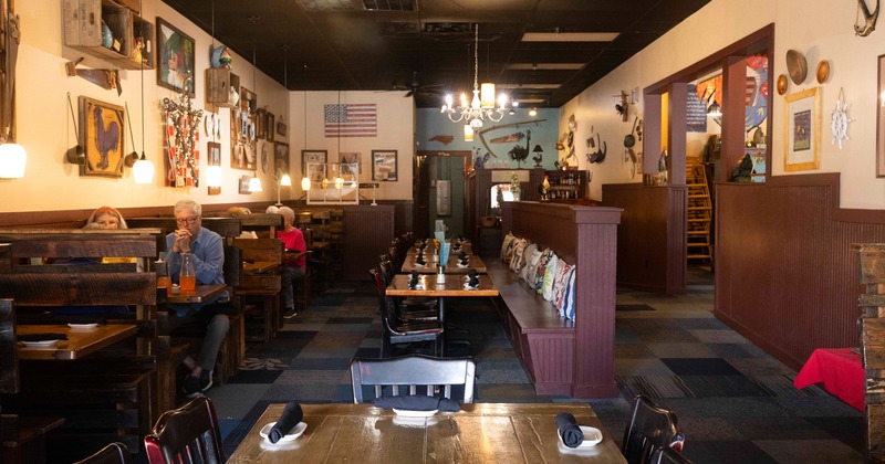 Interior, diner area, wide view, tables, chairs, booths