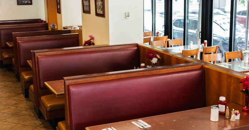 Interior seating area with double booths and tables
