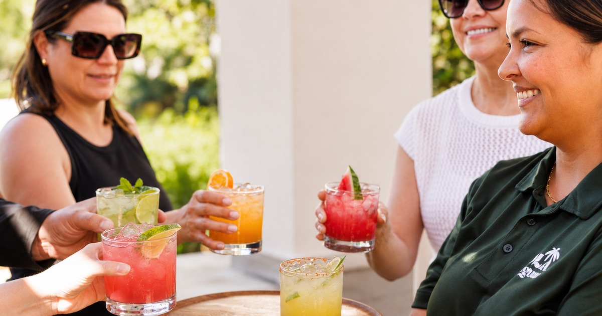 Smiling server passing around colorful drinks to guests outdoors