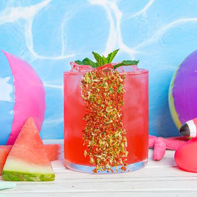 Watermelon high cocktail, side view.