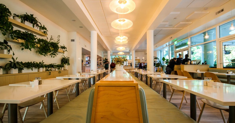Interior, booths in the middle, tables and chairs on both sides of boots