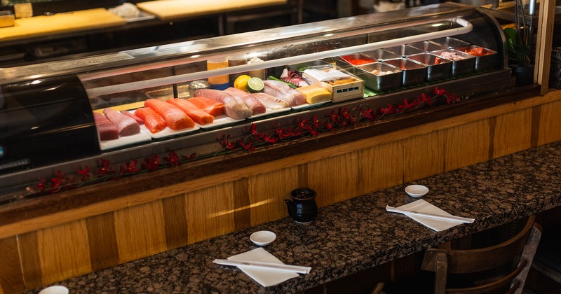 The sushi bar sits at the restaurant's center