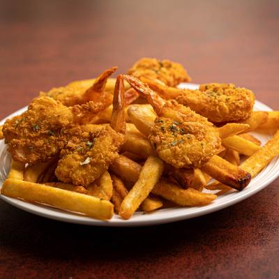 Deep fried shrimp, and fries.