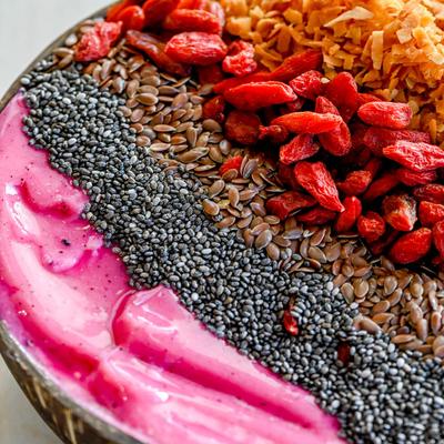 Pitaya Bowl, with banana, mango, pineapple, and coconut milk.