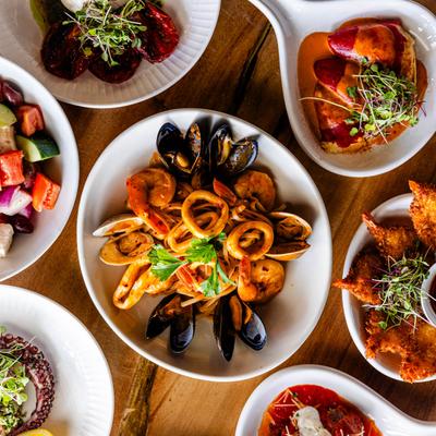 A top view of a fully served table.