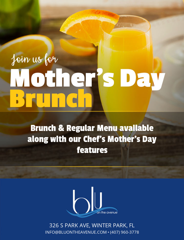 A call to action flyer promoting Mothers Day brunch.  A picture of mimosas and a colorful brunch background