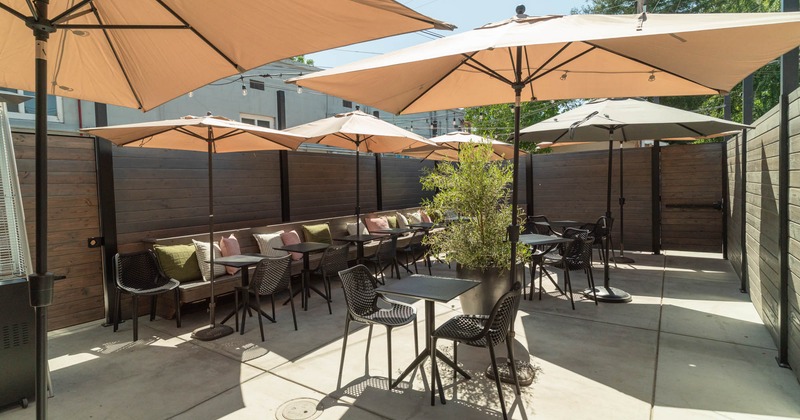 Exterior, tables, chairs and parasols