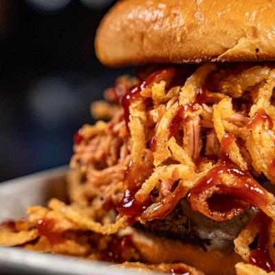 Tom and Todd's Heavenly BBQ Burger, close-up.