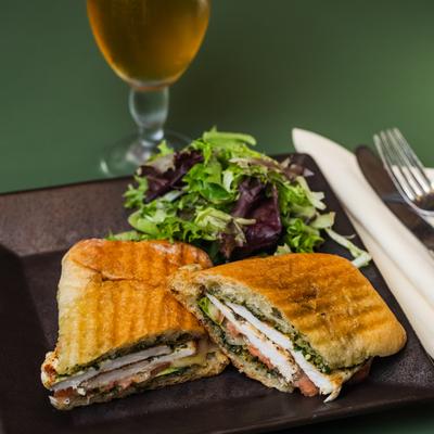 Chicken Panini, beer.