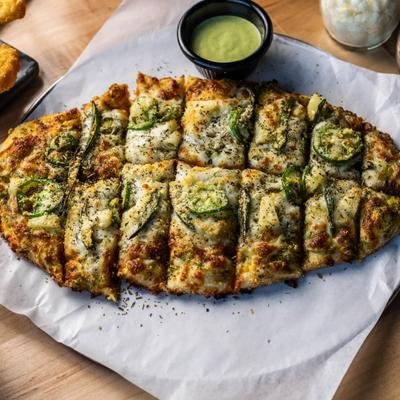 The Spicy Luau flatbread with pesto, jalapenos, pineapple and a side of dip.