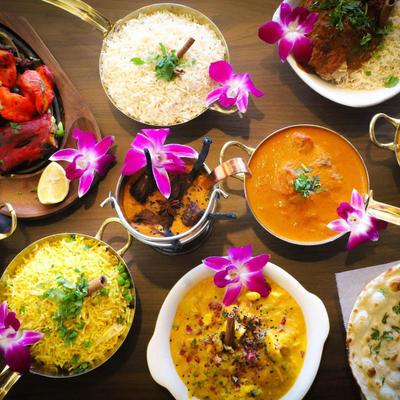 Assorted food on a table, top view.