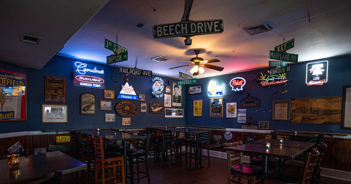 Tables with bar stools, space with decorated walls