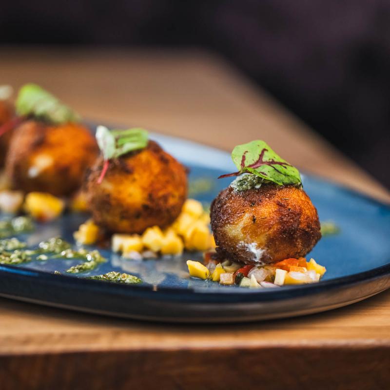 menu item 3 of 25, Fried Goat Cheese with Pickled Corn Relish and Basil Pesto
