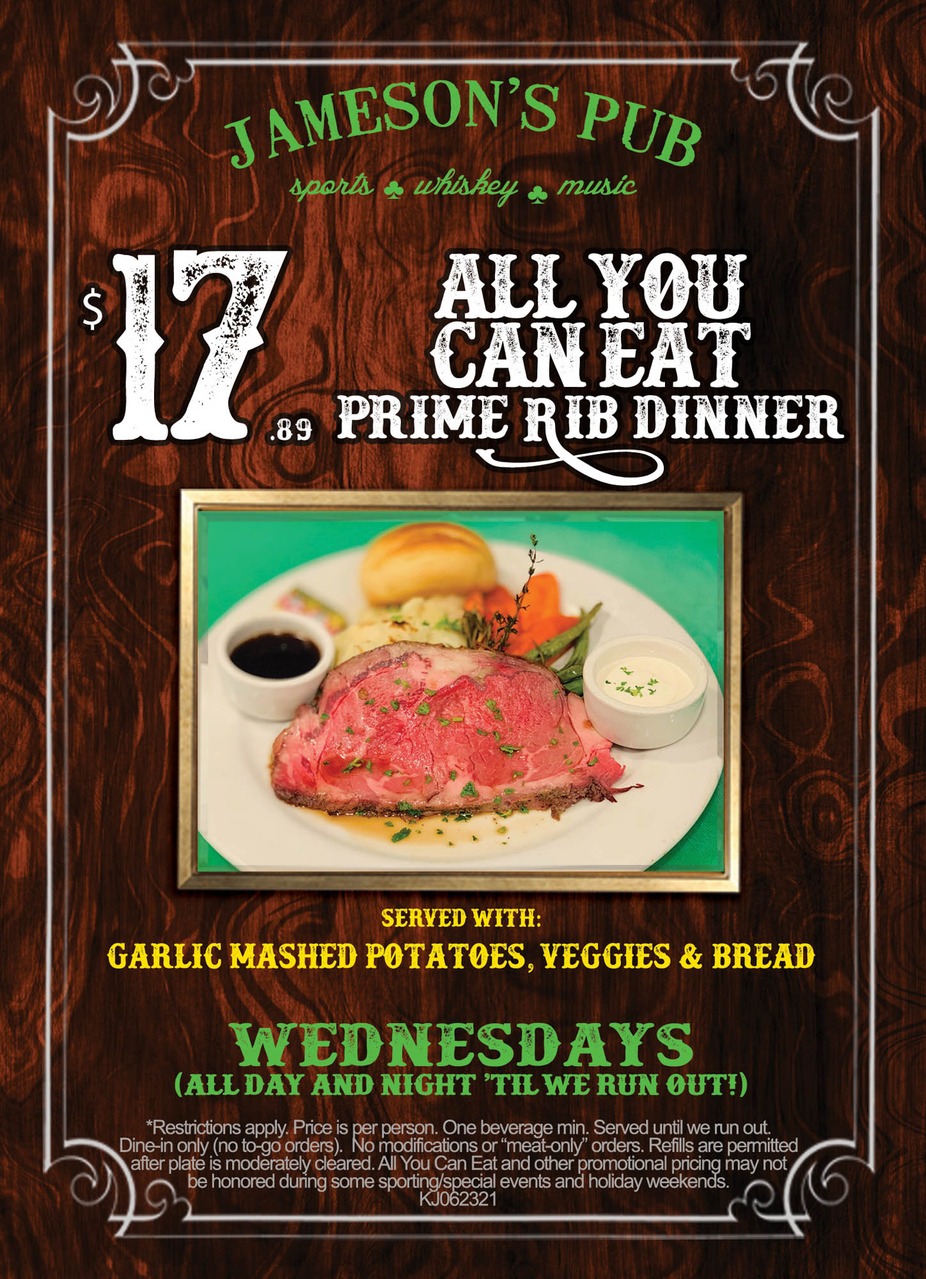 Graphic flyer advertising all-you-can-eat prime rib dinner