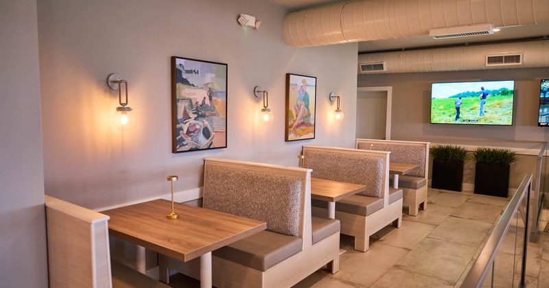 Interior, seating area with booths and tables
