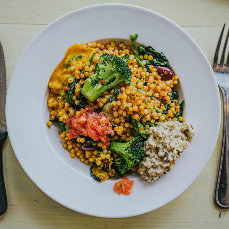 Stir Fried Israeli Couscous with Grilled  Chicken and Veggies photo