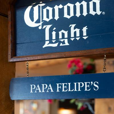 Wooden boards with brand names.