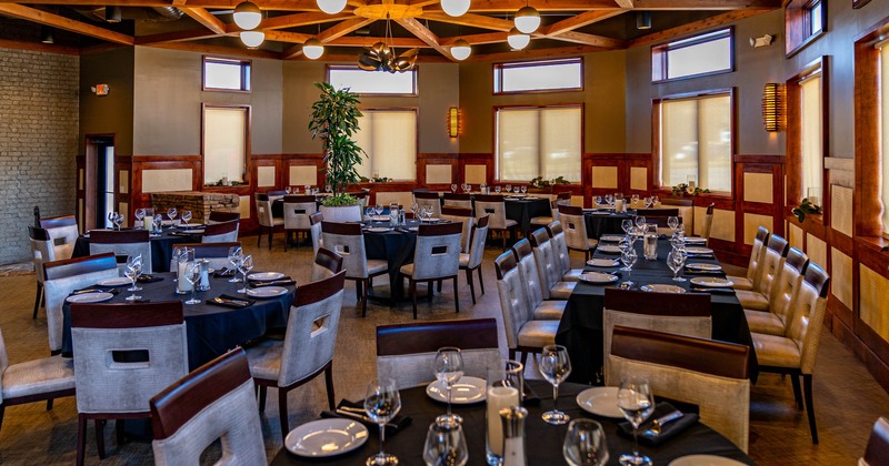 Interior dining area, banquet tables, and one long table