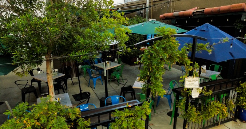 Exterior, aerial shot of exterior seating space, tables and chairs, parasols, trees