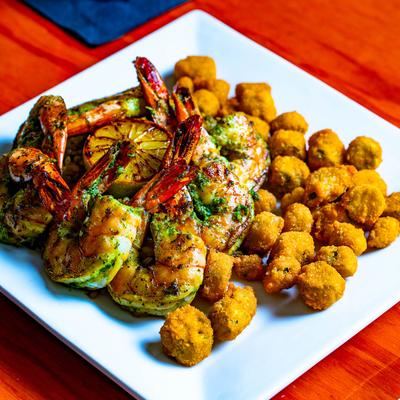 Grilled Cilantro Lime Shrimp Platter served with a side of fried okra.