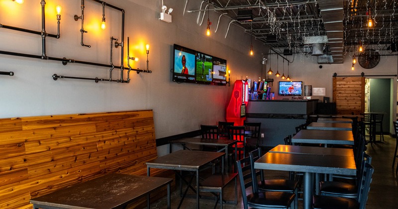 Interior, dining area, lined up tables
