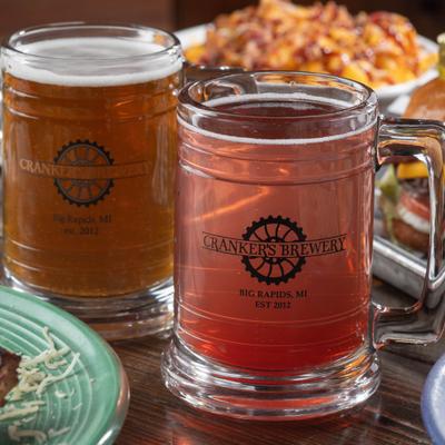 Mugs of strawberry seltzer and beer.