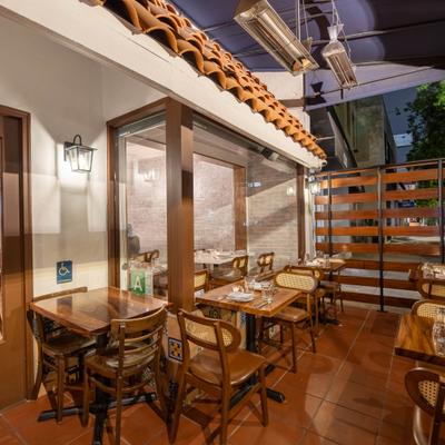 Outdoor patio, seating area.