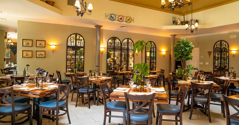 Interior, diner area, tables, chairs, wide view