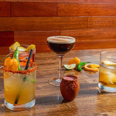 Arrangement of craft cocktails.