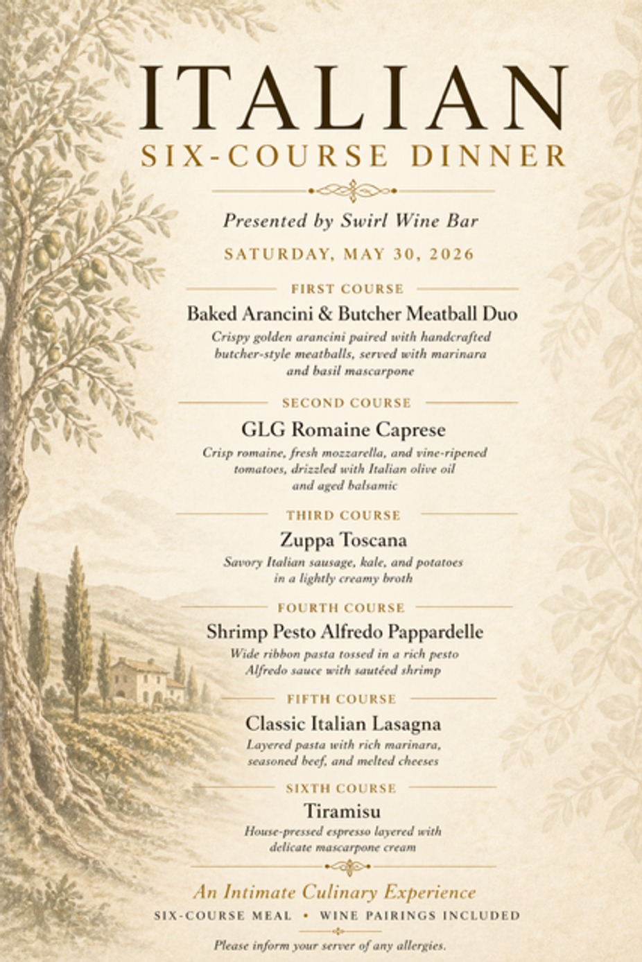 Italian Six Course Dinner Saturday May 30th! event photo
