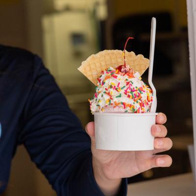 A person holds an ice cream sundae with rainbow sprinkles.