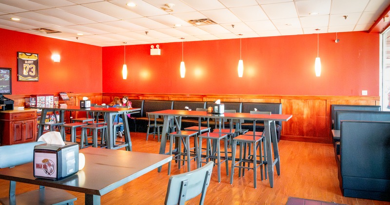 Diner area, tables, chairs, booths