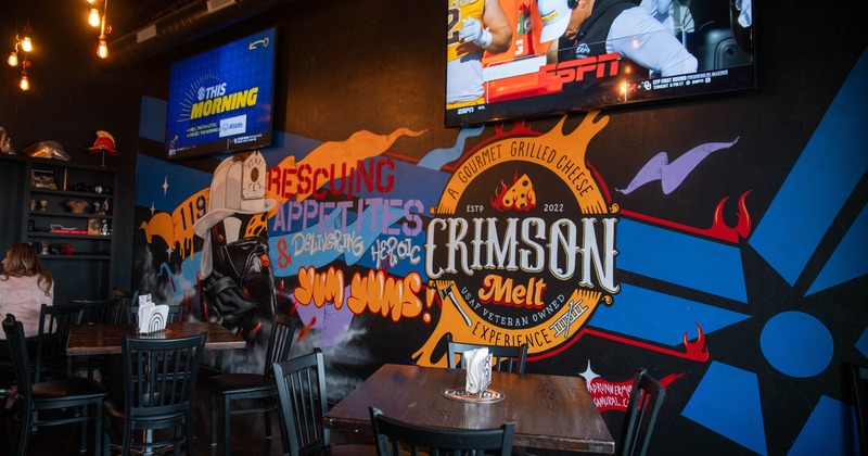 Interior, tables with chairs near the wall