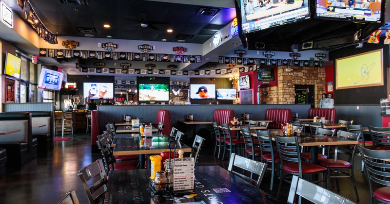 Interior, dining tables and seats