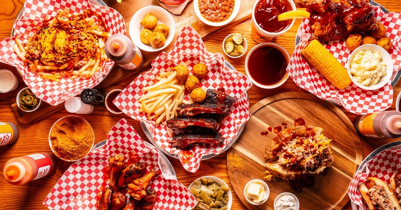 An assortment of dishes, overhead view