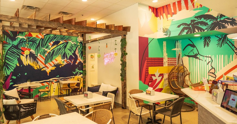 Decorated interior, tables and seats