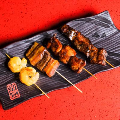 Curry shrimp, pork belly, chicken, and beef yakitori.