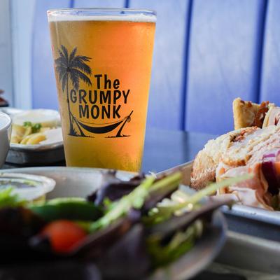 Food and a glass of beer.